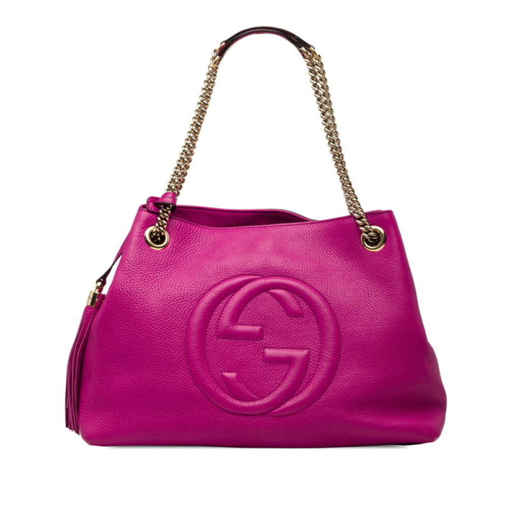 Gucci Interlocking G Soho Fringe Chain Shoulder Bag 308982 Pink Leather Women...